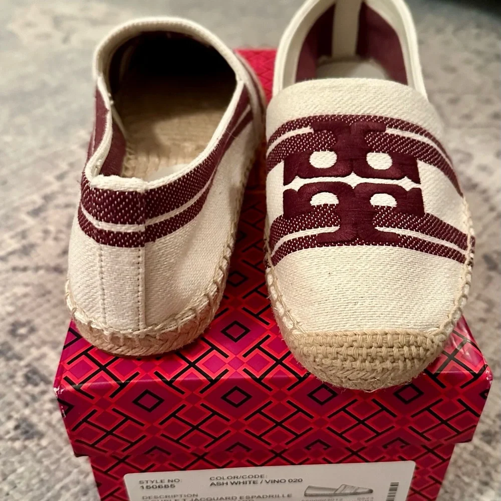 Tory Burch DOUBLET JACQUARD ESPADRILLE STRIPE LOGO Women's Burgundy and Cream 9
